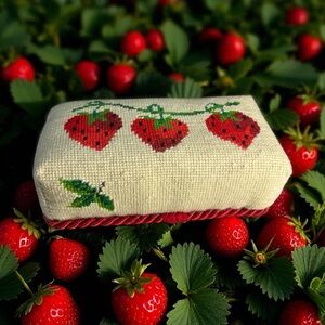 * Vintage Handcrafted Needlepoint Brick Doorstop Strawberry Shortcake Design Red
